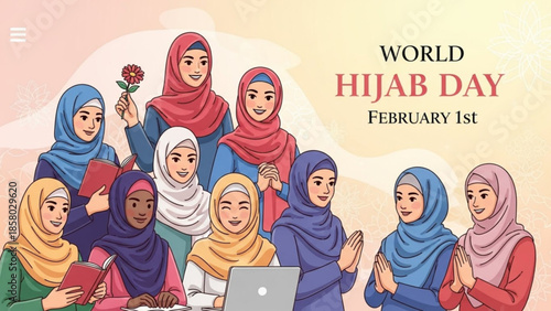 Diverse women celebrating World Hijab Day illustration of unity and empowerment February 1st concept for social media and awareness cam