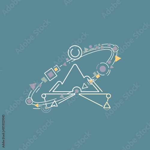 Abstract Geometric Structure with Mountain Peak and Orbiting Elements.