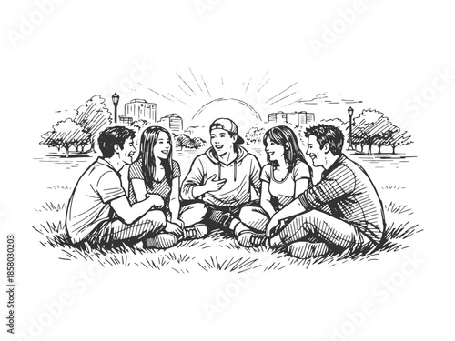 Group of friends sitting together outdoors and talking, black and white line art vector illustration showing friendship, bonding, and social interaction