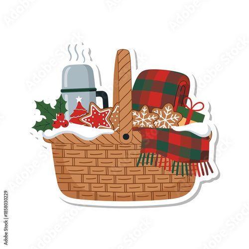 Christmas Picnic Basket with Hot Drink and Cookies.