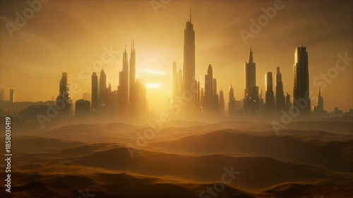 Epic Sunrise Over Futuristic Desert City Background