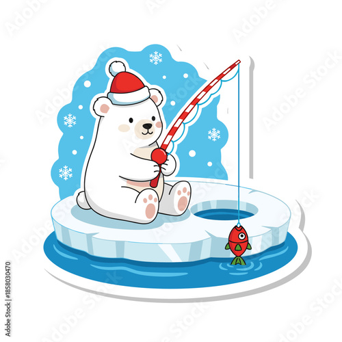 Cute polar bear wearing a Santa hat, ice fishing on a floating ice floe, catching a red fish in a winter wonderland.