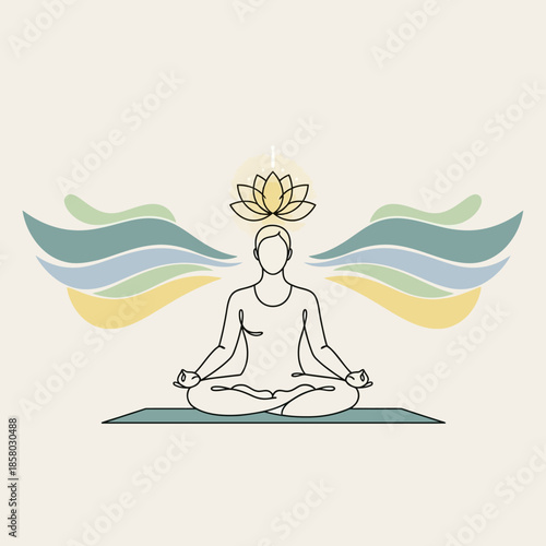 Person meditating with lotus flower above head and energy waves.