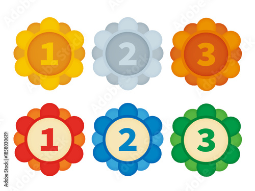 金・銀・銅・カラフルな花の数字1・2・3 アイコンベクターイラストセット| 幼児教育・学習素材/Gold, silver, bronze, colorful flower numbers 1, 2, 3 icon vector illustration set