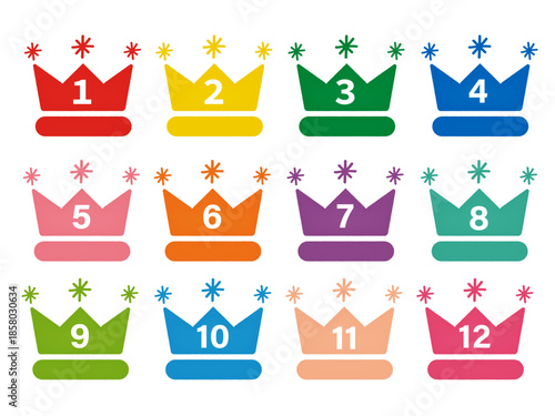 カラフルな王冠と数字1〜12アイコンベクターイラストセット|幼児教育・学習素材/Colorful crowns and numbers 1 to 12 icon vector illustration set