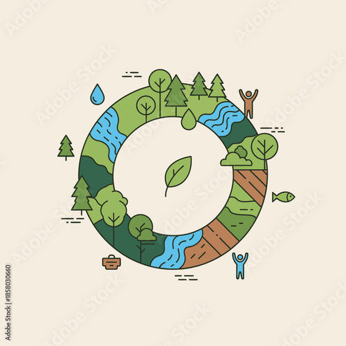 Circular illustration of a healthy planet ecosystem with diverse elements.
