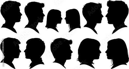 Group young people. Profile silhouette faces boys and girls set, man and woman