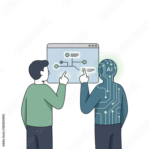 Man and AI collaborate on digital interface technology.
