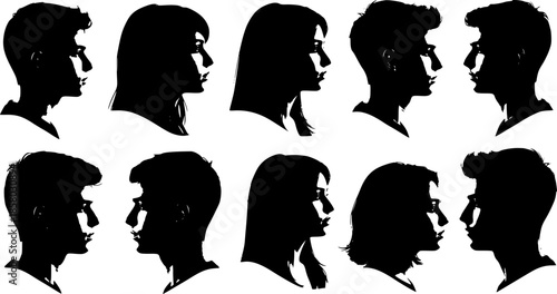 Group young people. Profile silhouette faces boys and girls set, man and woman