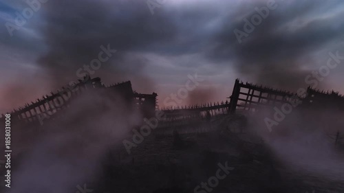 Cinematic war aftermath landscape with abandoned battlefield, thick smoke drifting over ground, dramatic cloudy sky, muted colors, realistic textures, slow motion atmosphere, seamless loop.