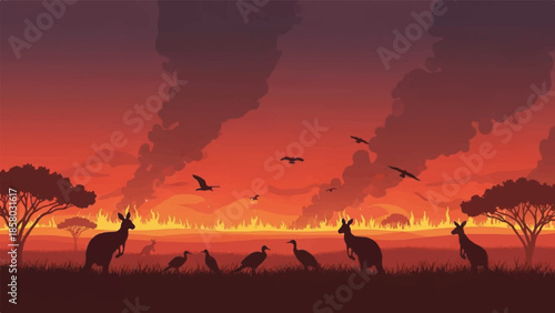 Kangaroos fleeing from wildfire at sunset in the Australian outback landscape viewed from a distance