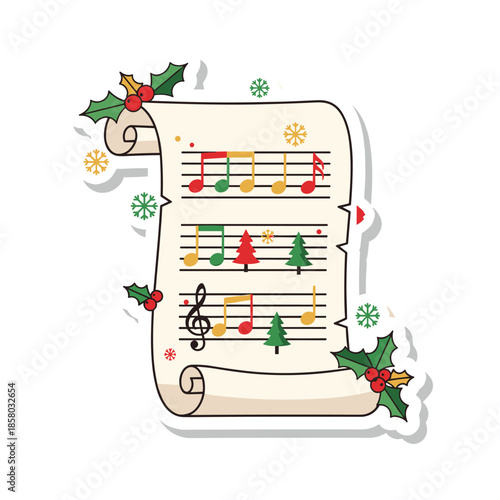 Christmas Carol Music Sheet Sticker with Holly and Snowflakes.