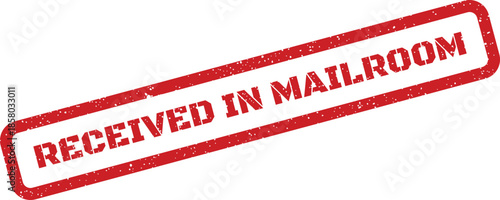Distressed red rubber stamp with text RECEIVED IN MAILROOM for internal office mail processing