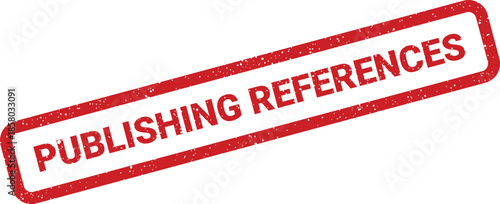 Distressed red stamp clearly indicating publishing references with textured grunge effect on a clean background