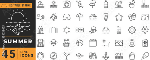 Summer line icon set. Editable stroke. Vector illustration.
