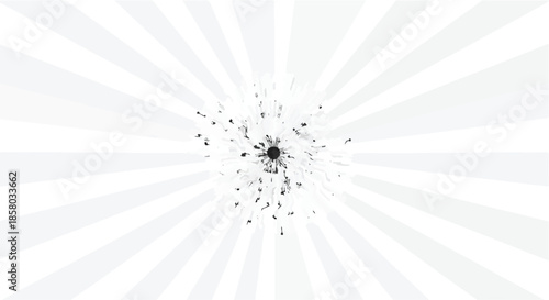 Abstract explosion of small figures radiating from a central black void against a bright sunburst background