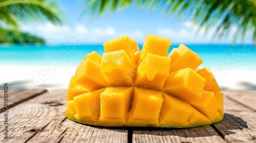 A bright yellow, cubed mango half sits on rustic wooden planks, providing a refreshing tropical snack against the turquoise ocean and sunny beach backdrop, captured with a shallow focus.