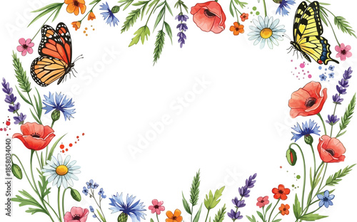 Watercolor illustration of a beautiful spring and summer floral frame featuring colorful butterflies, poppies, cornflowers, and daisies on a clean white background.