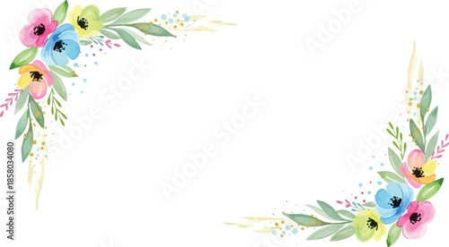 Beautiful watercolor floral corner frames with vibrant spring flowers and delicate green leaves, perfect for elegant invitations, greeting cards, and festive decorations.