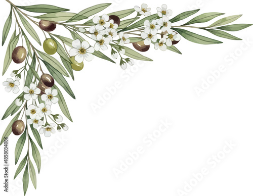 Elegant watercolor olive branch corner design with green leaves, ripe olives, and delicate white flowers, perfect for Mediterranean-themed invitations, menus, or decorative borders.