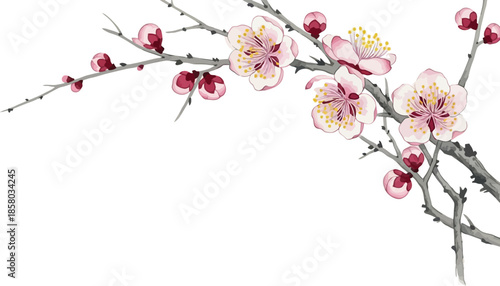 Elegant watercolor illustration of delicate pink cherry blossoms blooming on branches, symbolizing the arrival of spring, natural beauty, and serene, peaceful moments.