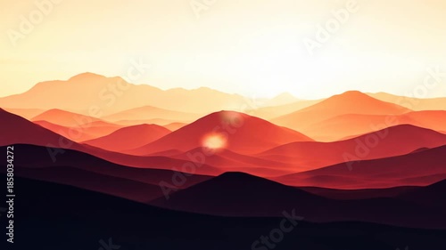 Dramatic sunset over layered mountain silhouettes with warm color palette
