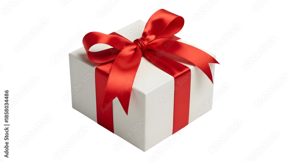 Fototapeta premium A white gift box is adorned with a vibrant red satin ribbon tied into a beautiful bow