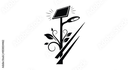 Modern solar street lamp with decorative flourishes symbolizing clean energy and nature