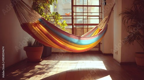 Cozy Hammock Bathed in Warm Sunlight by the Window.