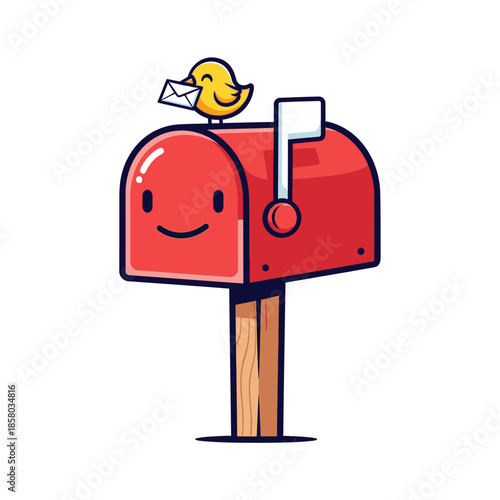 Cute cartoon illustration of a bird delivering a letter to a mailbox.