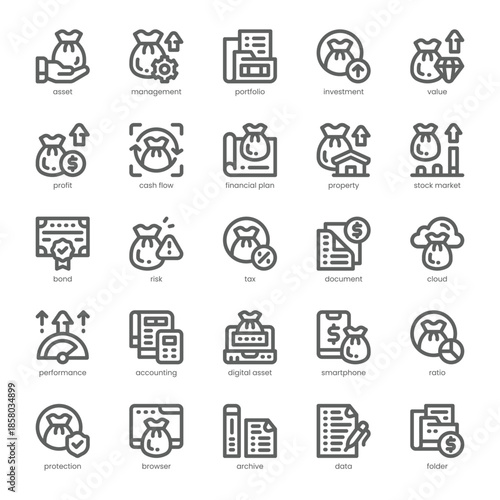 Asset Management Icon pack for your website, mobile, presentation, and logo design. Asset Management Icon outline design. Vector graphics illustration and editable stroke.