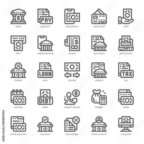 Banking and Payment Icon pack for your website, mobile, presentation, and logo design. Banking and Payment Icon outline design. Vector graphics illustration and editable stroke.