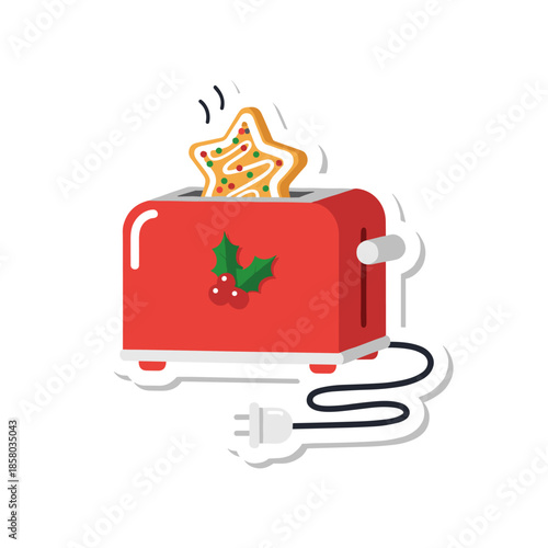 Christmas Gingerbread Star Cookie Popping Out of a Red Toaster with Holly Decoration.