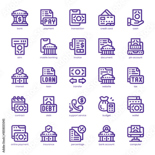 Banking and Payment Icon pack for your website, mobile, presentation, and logo design. Banking and Payment Icon line basic color design. Vector graphics illustration and editable stroke.