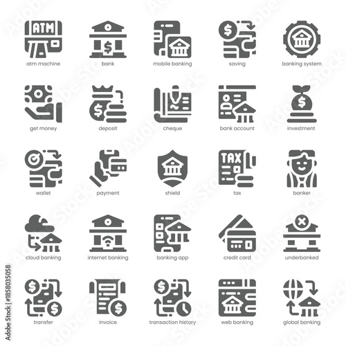 Banking Icon pack for your website, mobile, presentation, and logo design. Banking Icon solid design. Vector graphics illustration and editable stroke.