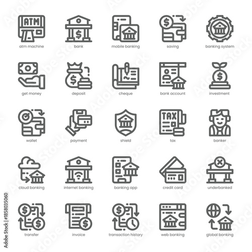 Banking Icon pack for your website, mobile, presentation, and logo design. Banking Icon outline design. Vector graphics illustration and editable stroke.