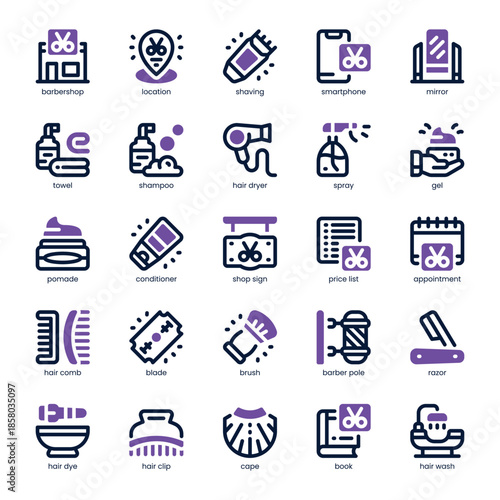 Barber Shop Icon pack for your website, mobile, presentation, and logo design. Barber Shop Icon dual tone design. Vector graphics illustration and editable stroke.
