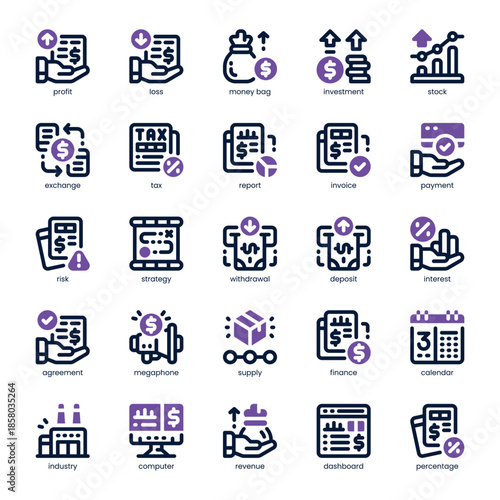 Business And Finance Icon pack for your website, mobile, presentation, and logo design. Business And Finance Icon dual tone design. Vector graphics illustration and editable stroke.