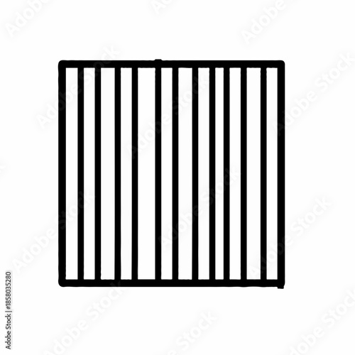 Modern black metal gate with vertical bars on white background