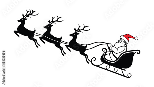Black Silhouette of Santa Claus Riding His Sleigh with Reindeer for Christmas Holiday Graphic Design