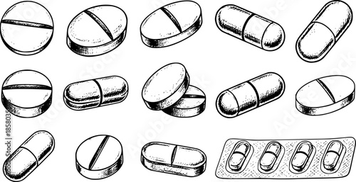 Sketch pill icon set. medicament and pharmaceutical symbol. medical design element