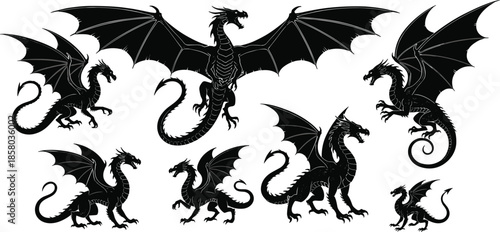Dragon silhouette vector set, black mythical creature icons, fantasy illustration pack, flying beast clipart, editable winged reptile graphics, fierce dragon poses, artistic monster collection