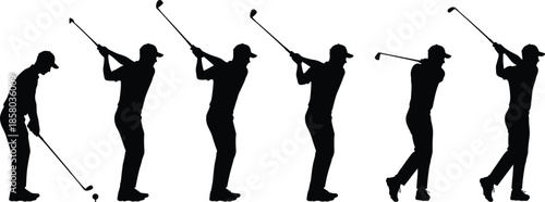 Golf swing silhouette sequence, black sports icons, athletic motion stages, golfing technique illustration, player posture vector, training guide clipart set