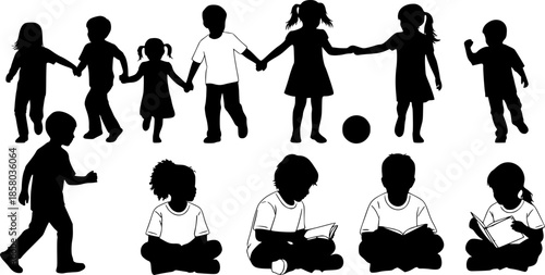 Vector silhouette of children on white background.
