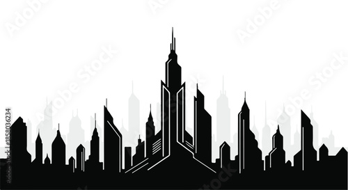 Sleek modern cityscape silhouette with a central towering skyscraper against a bright sky.
