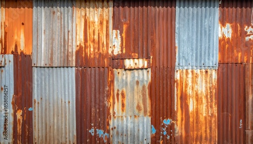 Weathered and rusty corrugated metal sheets forming a textured wall