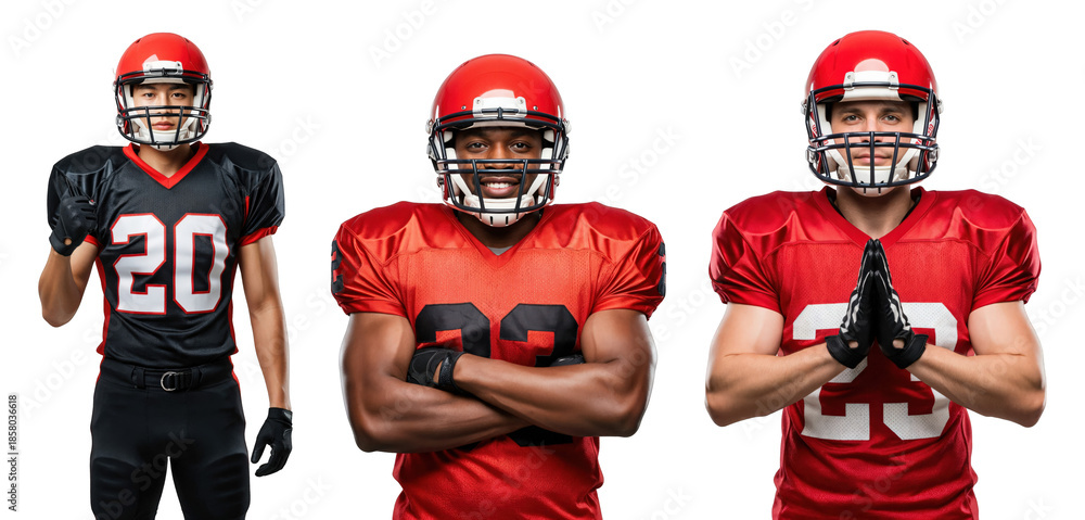 Obraz premium Group of Male Football Players in Red and Black Jerseys Posing for Team Photo with Protective Gear