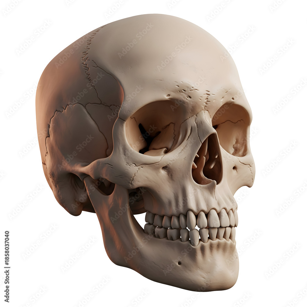 Obraz premium Detailed anatomical study of a human skull, capturing every intricate detail of the skeletal structure, which is a symbol of mortality and the complexities of human form.