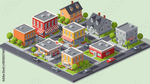 Colorful buildings in a city block with cars and trees