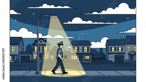 Police officer walking under street light at night